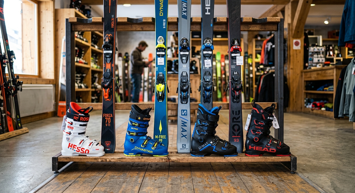 Gros plan sur des skis modernes et des chaussures de ski alignés dans un magasin