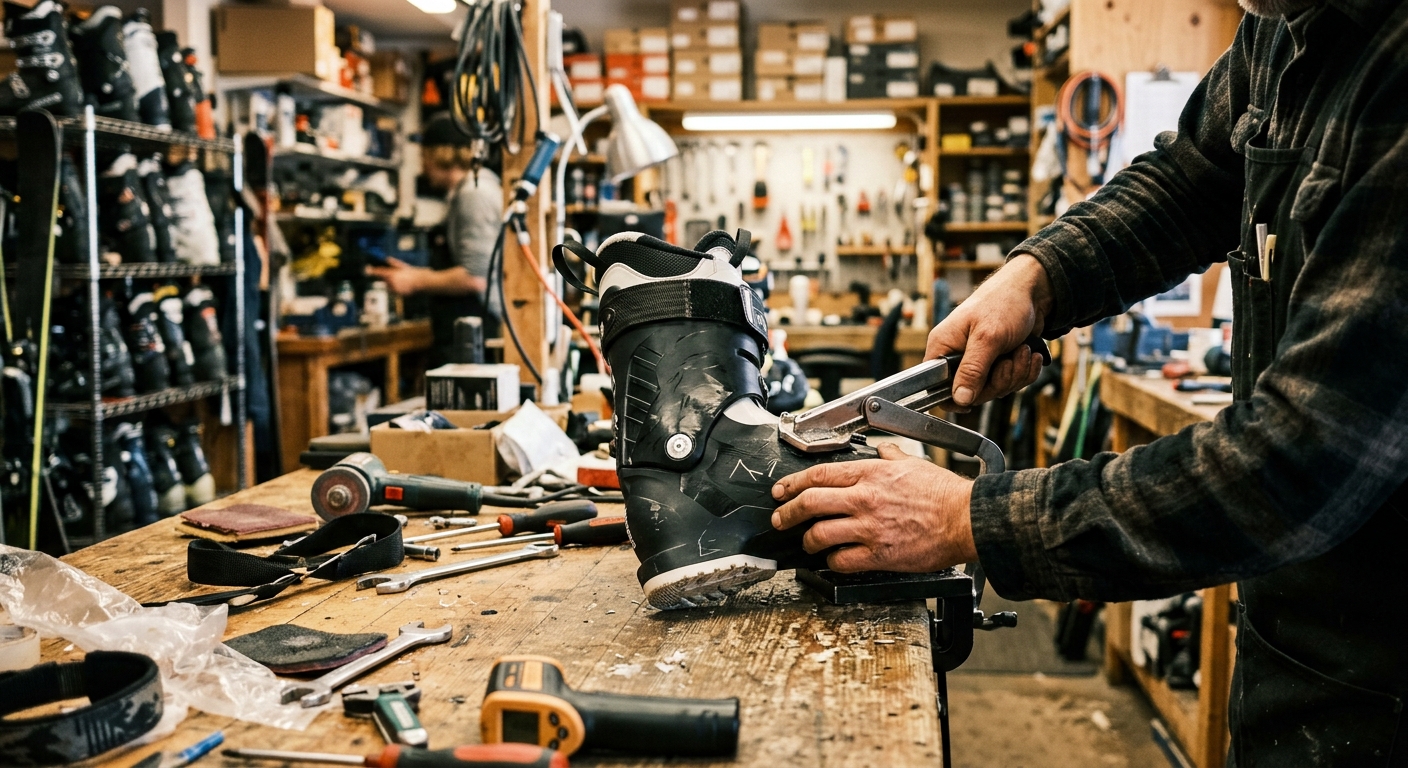 Un technicien spécialisé ajustant une chaussure de ski sur mesure, technique de bootfitting