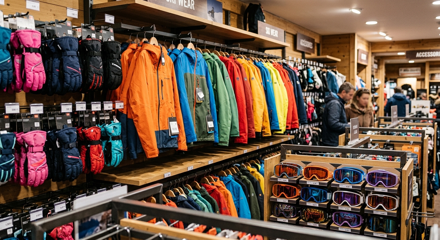 Rayon de magasin de sport montrant des vestes imperméables, des gants de ski et des masques colorés